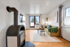 a living room with a fireplace and a couch at Cosmic Living by Tayo Ajayi in Zwickau
