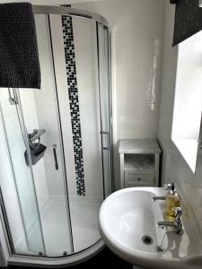 une salle de bain avec douche et lavabo dans l'établissement Oxwich View Cottage, à Swansea