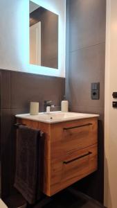 a bathroom with a sink and a mirror at Modernes Apartment im grünen in Kleines Wiesental