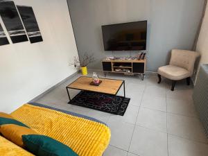 a living room with a couch and a tv and a chair at Maison de ville Chauny in Chauny +12 photos