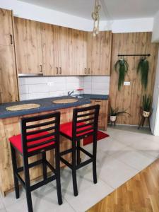 a kitchen with two chairs and a counter with a sink at TaraApartment in Skopje +3 photos
