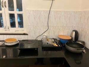 a kitchen with a counter top with a stove and a bowl at 2BHK Apartment 2mins to beach Candolim in Candolim