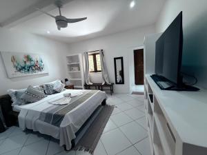 a bedroom with a bed and a flat screen tv at Pousada Caminho da Praia in Jericoacoara