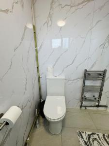 baño con aseo y pared de mármol en Swanky Dudley Retreat, en Dudley