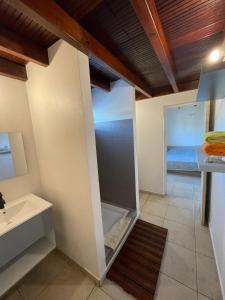a bathroom with a shower and a sink at Villa Surf Kreol moderne à 3 min du Souffleur in Port-Louis