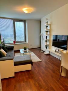 a living room with a couch and a tv at Three towers with parking in Bratislava