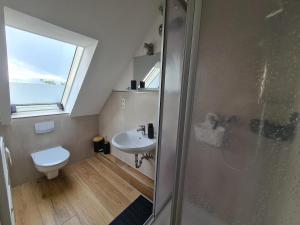 a bathroom with a shower and a toilet and a sink at Studio Apartment for 1-2 People with Rhine View in Rüdesheim am Rhein +10 photos