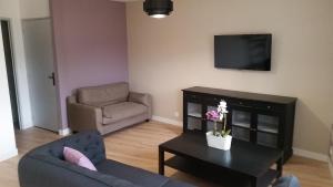 ein Wohnzimmer mit Sofa und Fernseher in der Unterkunft Maison de charme Saint Valery sur Somme Baie de Somme in Arrest