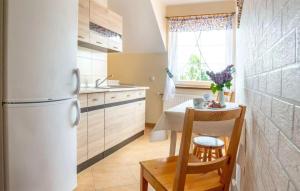 eine Küche mit einem Kühlschrank und einem Tisch mit einem Stuhl in der Unterkunft 1 Bedroom Lovely Apartment In Golubie in Pierszczewo