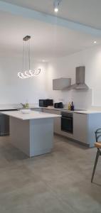 een witte keuken met een groot wit aanrecht bij Les Vues de Monte Carlos in Tamarin