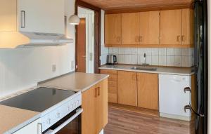FaldsledにあるBeautiful Home In Millinge With Wifiのキッチン(白い家電製品、木製キャビネット付)