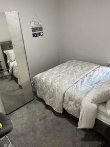 a bedroom with a bed and a mirror at Aurora House 2B Warrenpoint in Newry