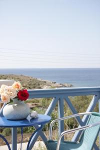 a vase with flowers sitting on a table on a balcony at Manos Apartments in Megas Gialos - Nites