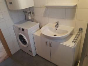 a bathroom with a sink and a washing machine at Hüttendorf Flattnitz - Typ B in Flattnitz +2 photos