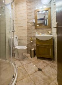 a bathroom with a sink and a toilet and a mirror at Апартамент Орфинда- Pamporovo in Pamporovo