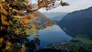a view of a lake in a valley with mountains at Alpen-Chalets Achensee in Häusern