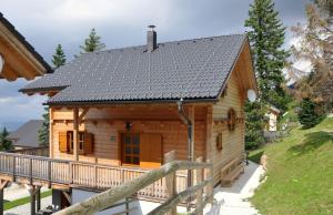 a small wooden house with a black roof at Almrausch-Feriendorf Koralpe in Elsenbrunn