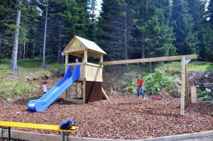 two children playing in a playground with a slide at Almrausch-Feriendorf Koralpe in Elsenbrunn