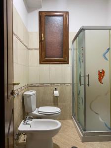 a bathroom with a toilet and a shower and a sink at Villa Sota Divjakë in Divjakë +17 photos