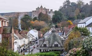 an old town with a castle in the background at The Oval in Dunster