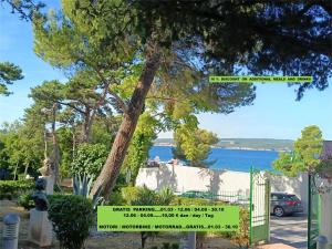a tree in front of a house with a view of the water at Hotel Vila Ružica- glavna zgrada i depandanse in Crikvenica