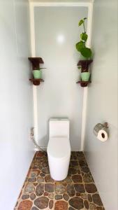 a bathroom with a toilet with plants on the wall at Tez's Backpacking Lodge in Maria +25 photos