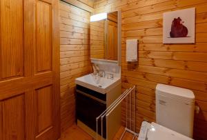 安昙野市Azumino Bear's Inn的木制浴室设有水槽和卫生间