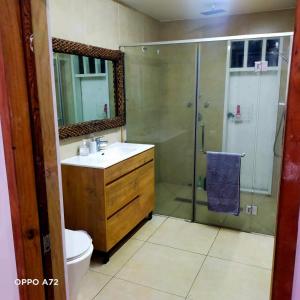 a bathroom with a shower and a sink and a toilet at Mountain Breeze Rarotonga in Arorangi