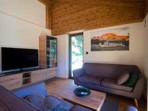 un salon avec un canapé et une télévision à écran plat dans l'établissement Chalet Wachterfeld, à Berchtesgaden 18 autres photos