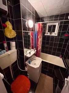 a black tiled bathroom with a toilet and a sink at Berlin Home in Gheorgheni