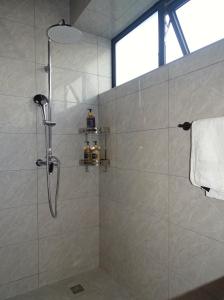 a bathroom with a shower with a glass door at Cozy Top-Floor Apartment with Balcony & City Views near United Nations Office in Ruaka