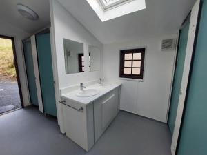 a bathroom with a sink and a mirror at Cwm Clyd Longhouse in Llanwrthwl +4 photos