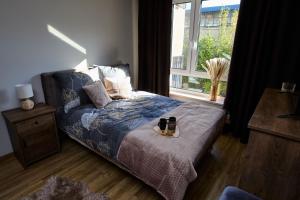 アウグストゥフにあるApartament CzarnyBlaskのベッドルーム1室(ベッド1台、食料品のトレイ付)