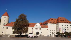 a large building with a tree in front of it at Ferienwohnung Freiberg, Chemnitzer Straße in Freiberg