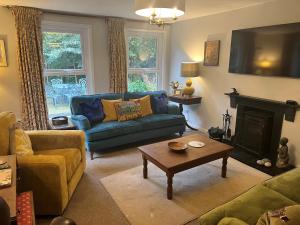 a living room with a blue couch and a fireplace at Greywalls in Penrith