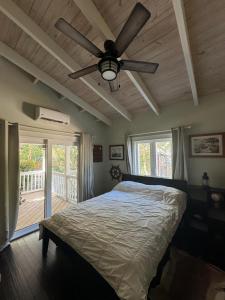 ein Schlafzimmer mit einem Bett und einem Deckenventilator in der Unterkunft Canal Front 3 bedroom 2 bathroom in Nassau