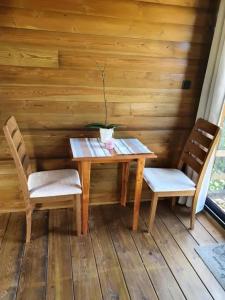 a table and two chairs in a sauna at Studio cosy à La Plaine-des-Palmistes, 18 m², jardin in Bras des Calumets +9 photos