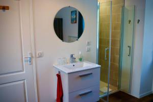 a bathroom with a sink and a shower with a mirror at Chambre d'hôtes rénovée du XVIII ème in Saint-Aubin-la-Plaine