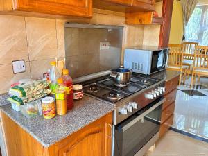 a kitchen with a stove and a microwave at J&T Homestay in Karatu