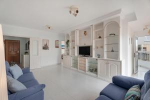 エル・メダノにあるCasa Horizonteの青いソファ2脚とテレビのあるリビングルーム