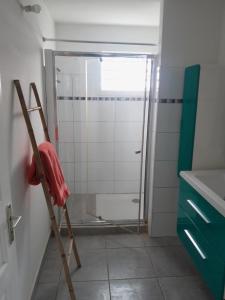 - Baño con ducha y toalla en una escalera en Appartement spacieux à Morne-à-l'Eau, 80 m², piscine privée, en Brion 21 fotos más