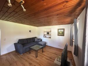 a living room with a blue couch and wooden ceilings at Ferienwohnung Beim Straßer in Flintsbach