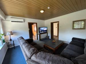 a living room with a couch and a tv at detached bungalow, 5 beds wifi smart tv terras 3 parkings keybox in Emlichheim