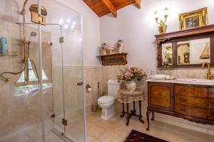 a bathroom with a shower and a toilet and a sink at אחוזת בר in Sha'al +19 photos