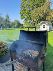 a grill in a yard with smoke coming out at Arimaičių kaimo sodyba in Arimaičiai