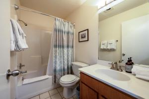 ein Badezimmer mit Waschbecken, Toilette und Dusche in der Unterkunft 15 Lodge in Hood River + 15 Fotos