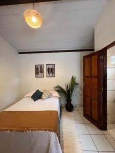 ein Schlafzimmer mit einem Bett und einer Topfpflanze in der Unterkunft chalé coração da vila Caraíva in Porto Seguro