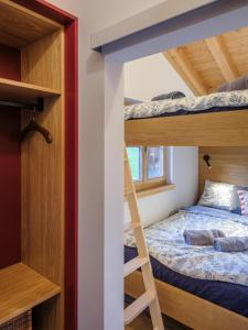 a bunk bed in a tiny house at BLUE ALPINE Lodge bis 6 Gäste, Cheminée, 400 m zum Skilift in Sedrun +55 photos