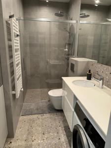 a bathroom with a toilet and a sink and a shower at Apartament Krab AKTENA Shellter Rogowo in Rogowo