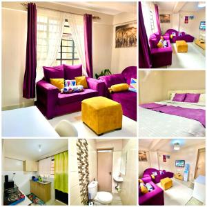 a collage of pictures of a room with purple furniture at Opal suites KE - South B in Nairobi